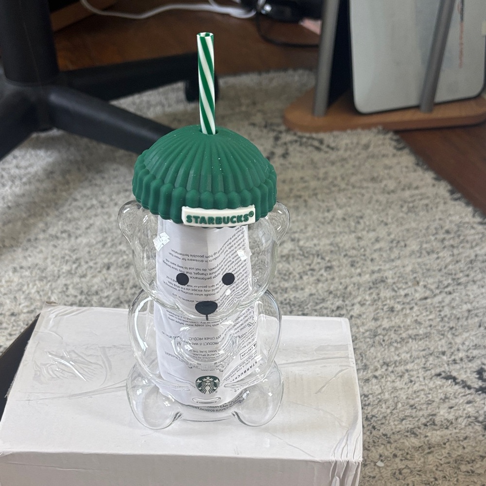 Starbucks Clear Bear Tumbler with Dark Green Ribbed Lid and Striped Straw